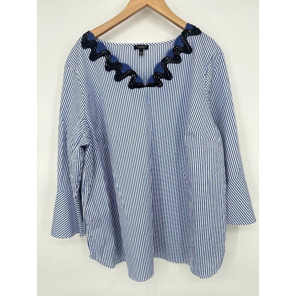 Talbots Striped Lace RickRack Top Blouse Size 2X Petite Nautical Bell Sleeve‎